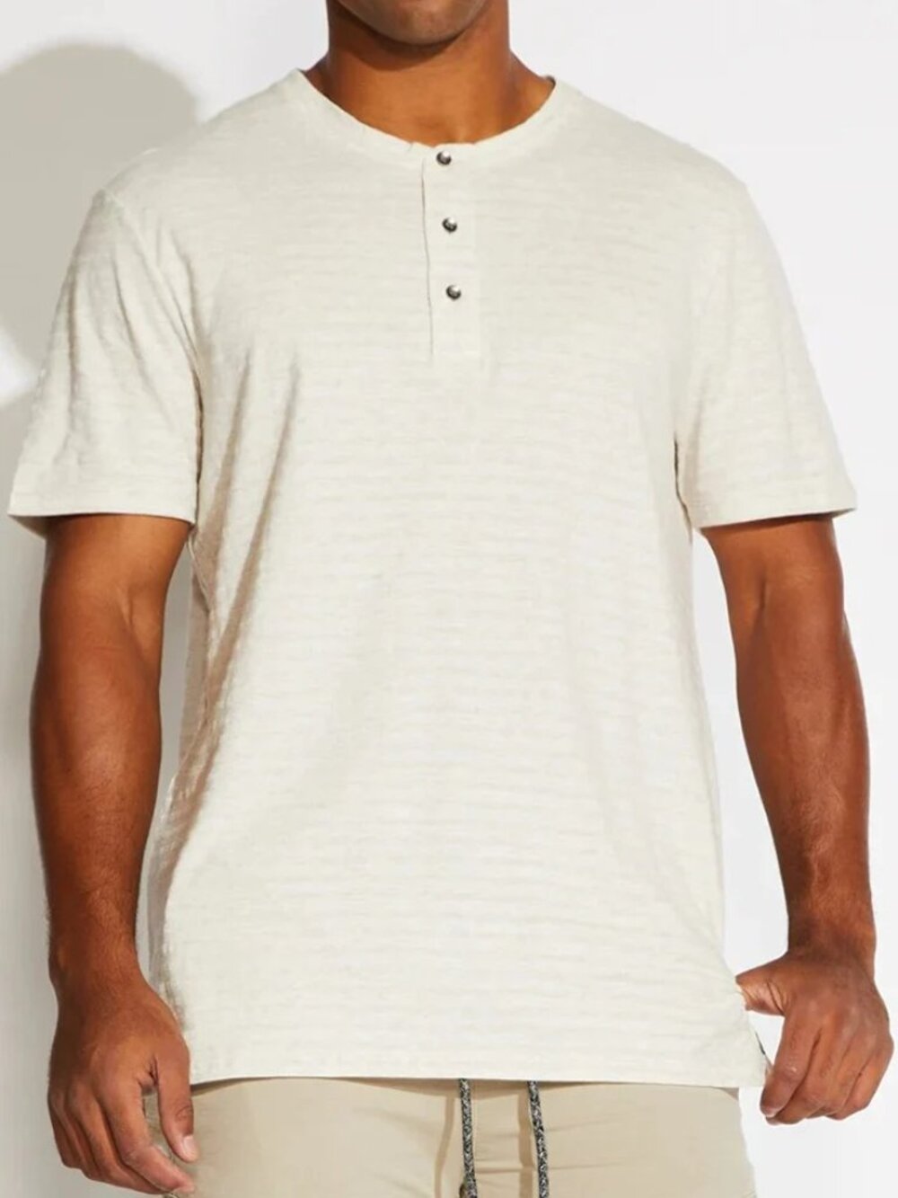 Civil Society Heather Oatmeal Jacquard striped Jersey Henley Short Sleeve